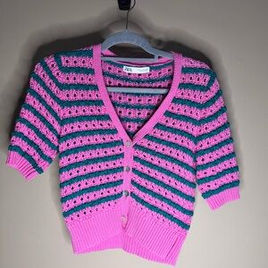 Zara Pink & Green Open Knit Striped Short Sleeve Cardigan Size S
